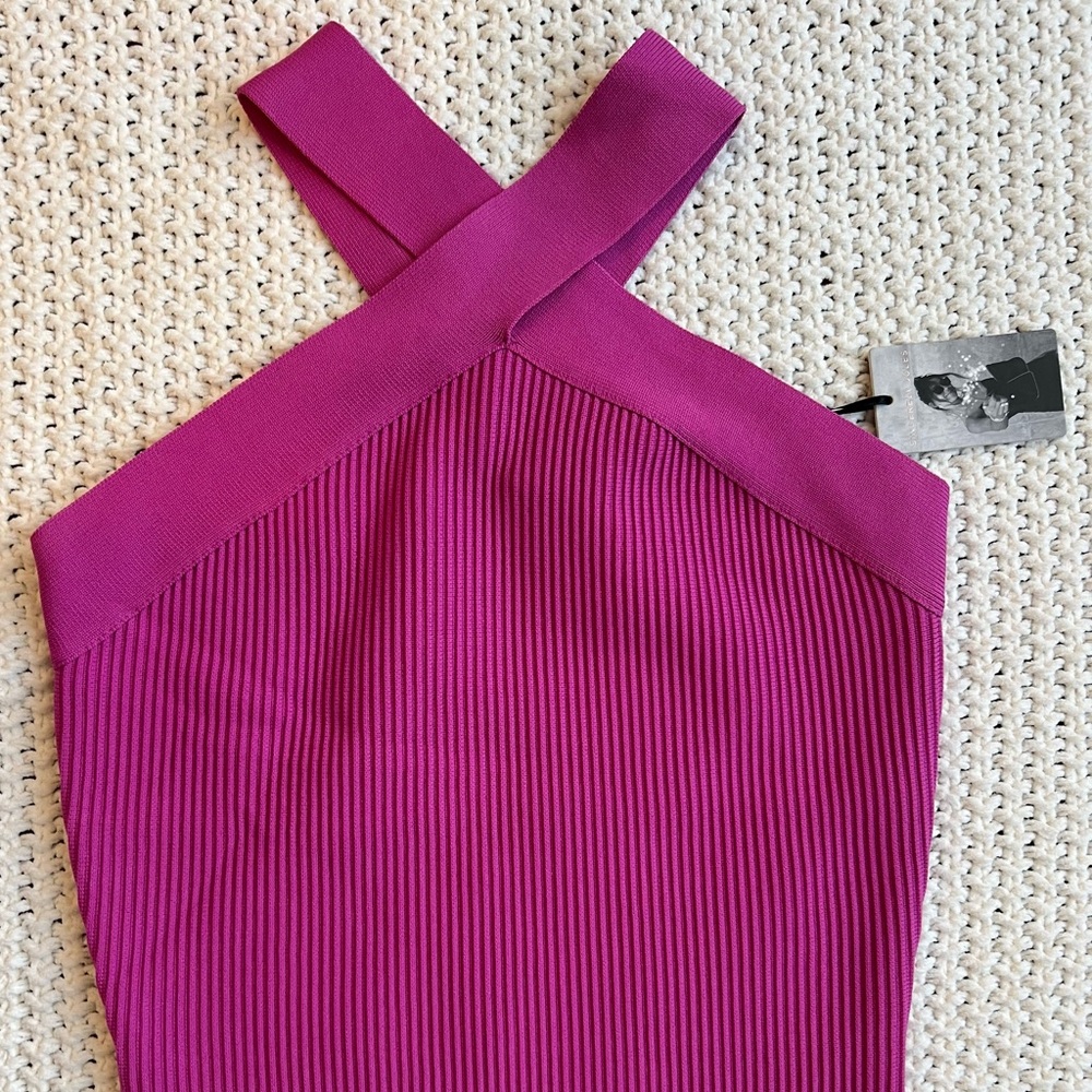 Fucshia ribbed bodycon dress with criss-cross straps